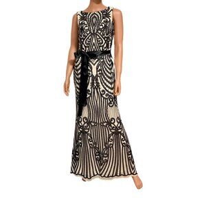 NWT R&M Richards Elegant Black Sequin & Champagne Gown Evening Dress Size 6